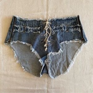 Y2K Lace Up Denim Micro Shorts Size 31 Distressed Zip Sides Custom